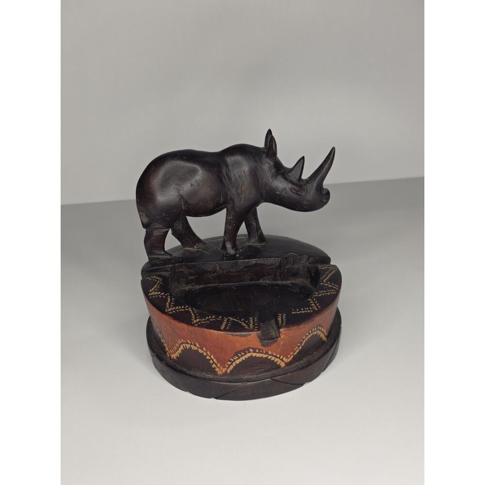 Hand Carved Vintage Wooden African Rhino Ashtray Trinket Dish Rare Perfect Cond